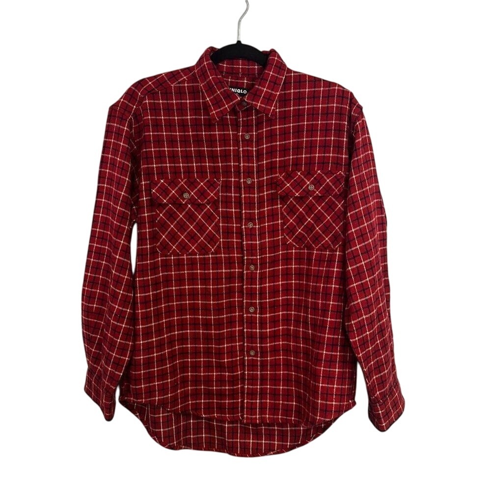 VTG 90s Uniqlo Men's Flannel Plaid Collared Buttons Up Long Sleeve Shirt Size M